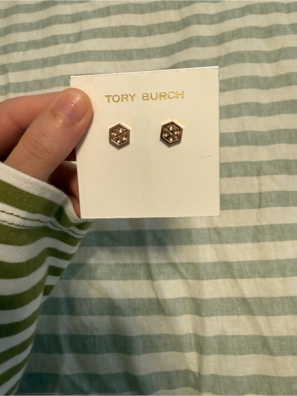 Tory Burch Rose Gold Hexagon Logo Studs